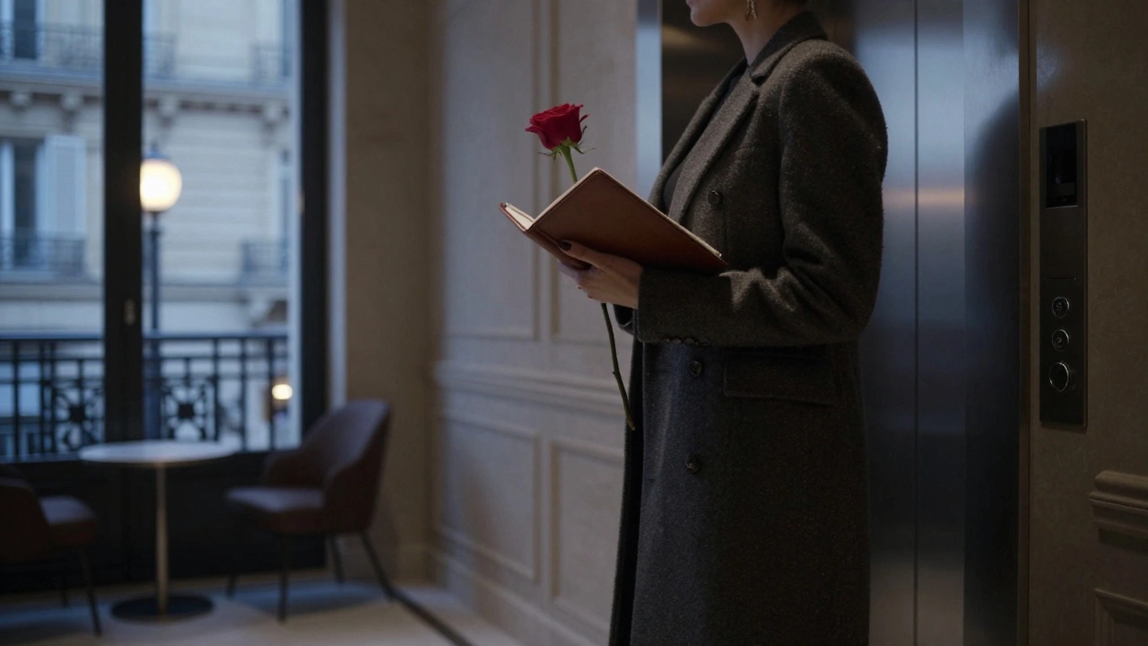 A professional companion waits discreetly in a Parisian apartment lobby, holding a rose and notebook, face unseen.