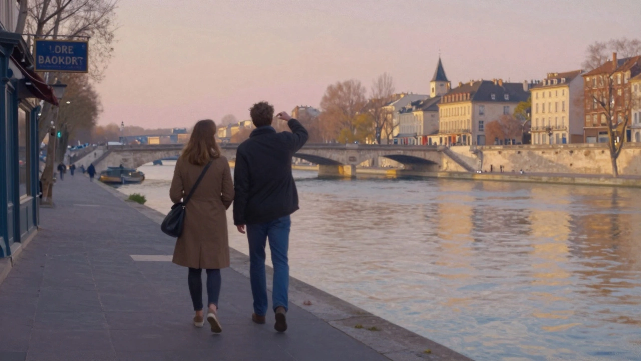 Two figures walk silently along the Seine at sunset, pointing toward a bridge, books and buildings in the background.